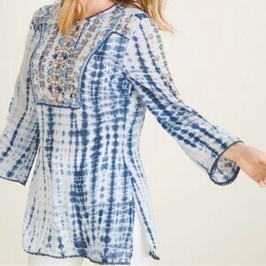 Chico's Blue and White Tie-Dye Tunic 100% Rayon